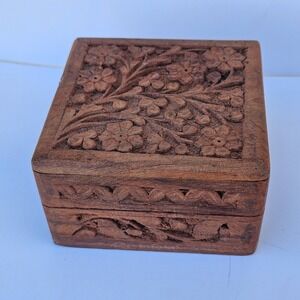 Vintage Hand Carved Wooden Trinket Box Floral India Hinged Jewelry Rustic Boho